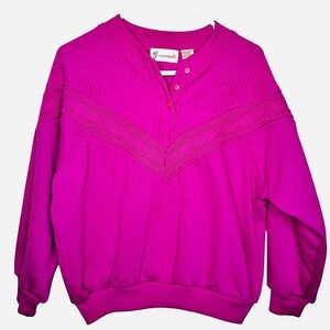 Vintage 80s 90s Magenta Textured Chevron Henley Sweatshirt Retro Pullover